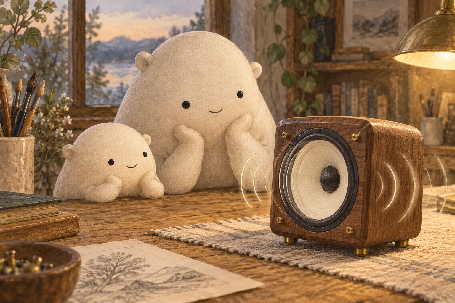A speaker’s paper cone has back-and-forth motion marks while Big and Little watch.