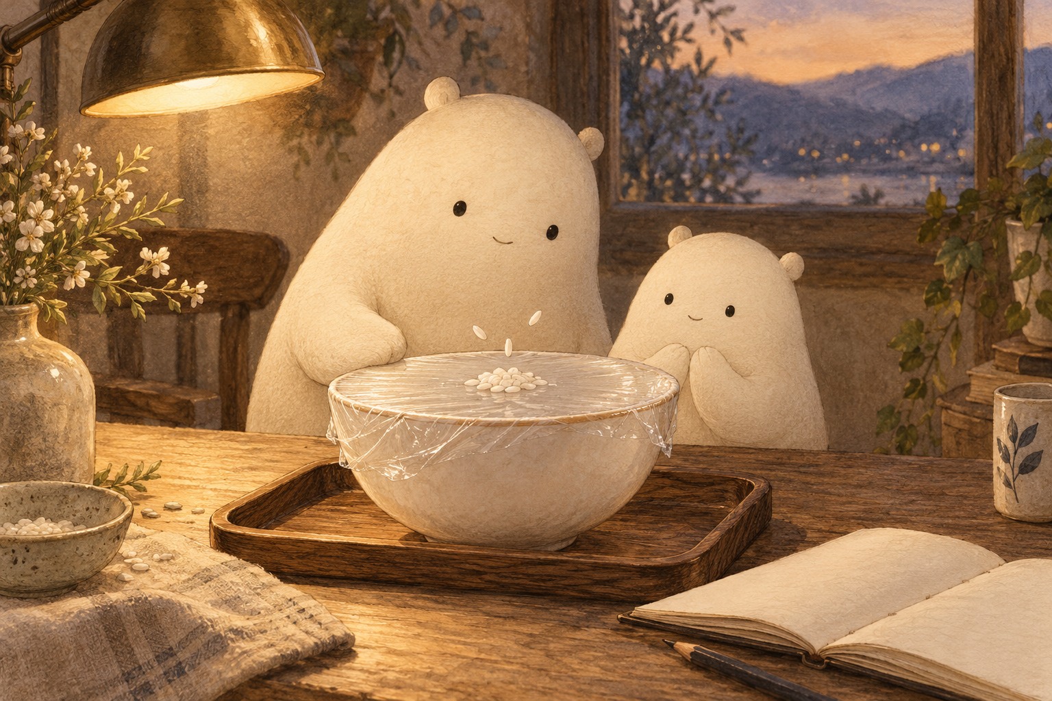 Big and Little watch a few rice grains hop above plastic wrap stretched over a bowl.