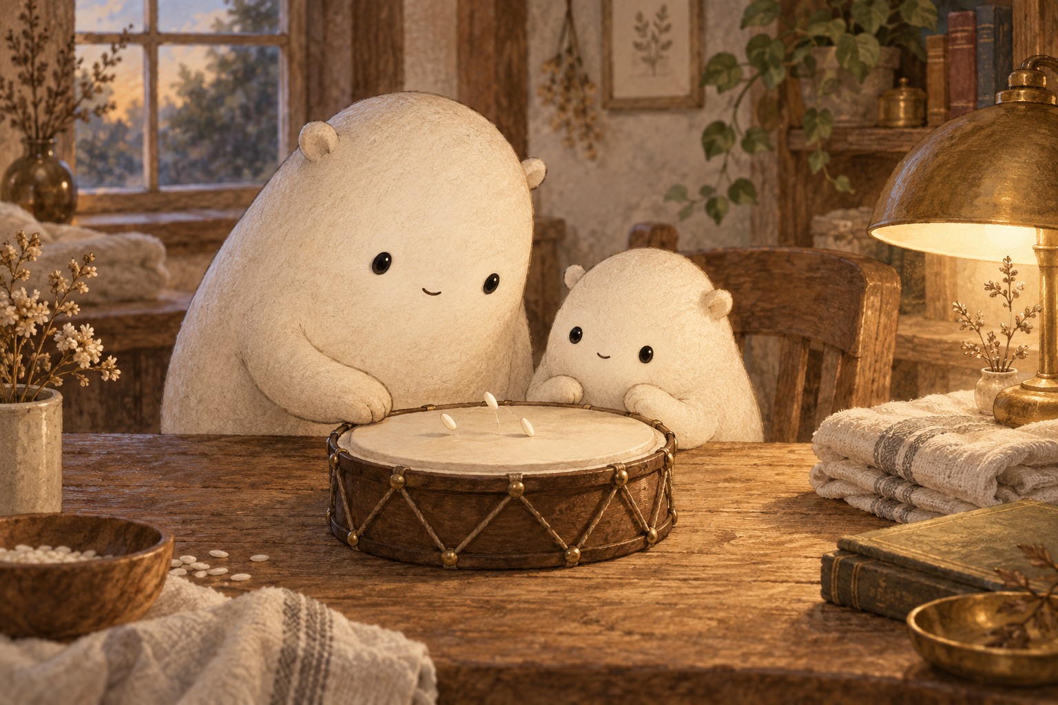 Rice hops on a toy drum as Big gently touches the rim beside Little.