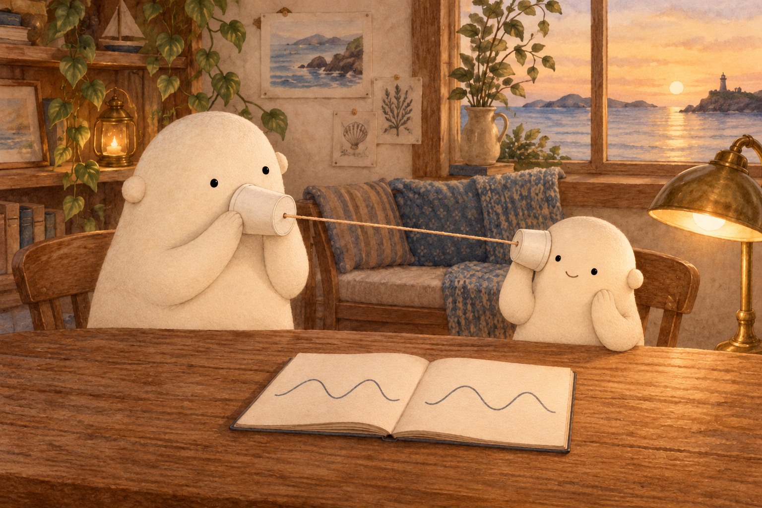 Big speaks softly into one paper cup while Little listens at a second cup joined by a taut string.
