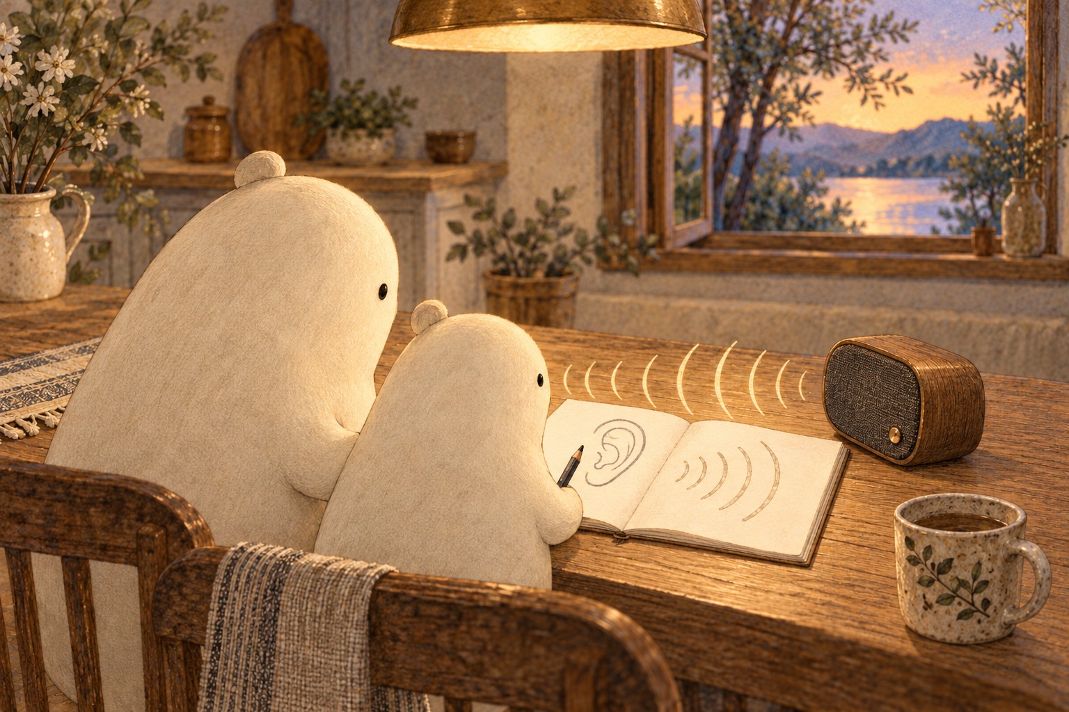 Air-wave marks lead from a small speaker toward Little’s ear beside a notebook of wave drawings.