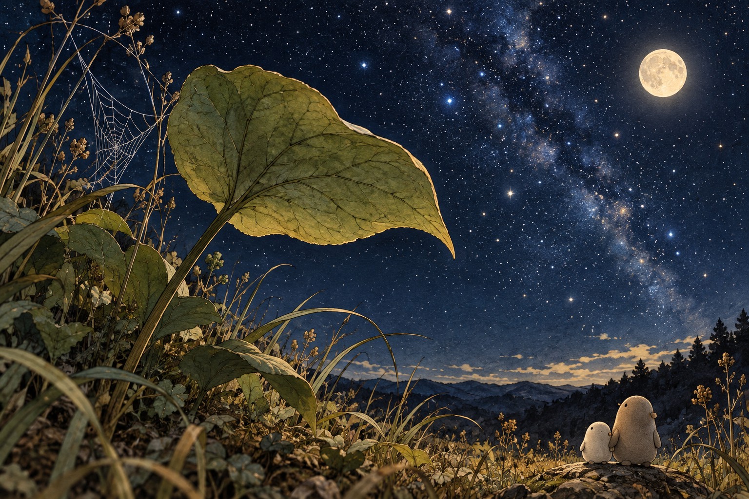 The same broad leaf rests under a clear night sky, with grass and a fine spider web nearby.