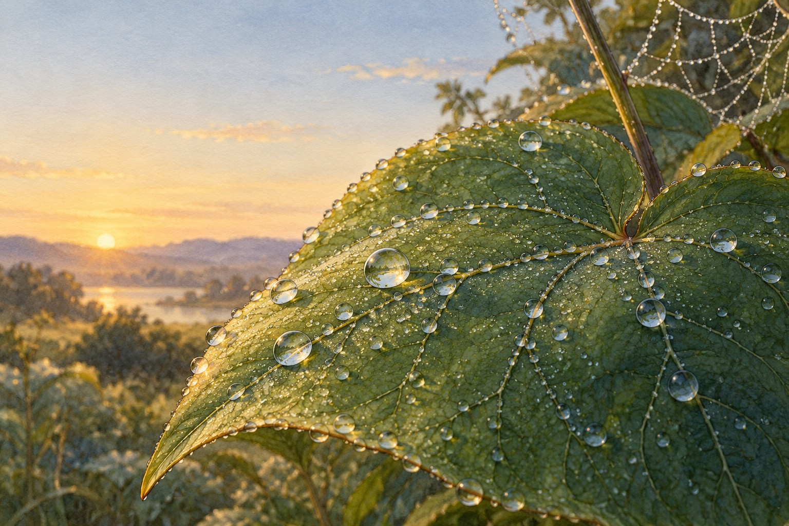 A close view of tiny new droplets clinging to the surface of the same leaf; the air above it is clear.