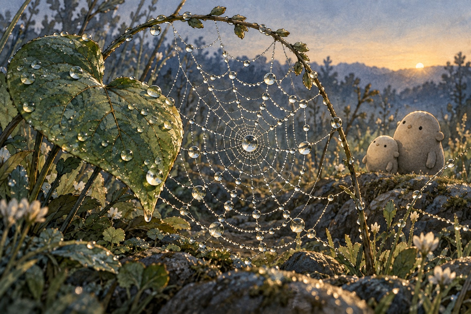 Dew beads shine along a spider web beside the broad leaf, with Big and Little Wonderer looking closely.