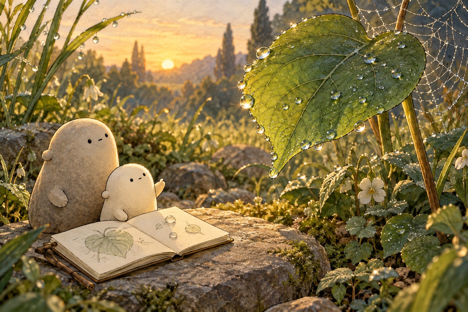 Little Wonderer studies an open notebook beside the wet leaf while Big Wonderer shares the view.