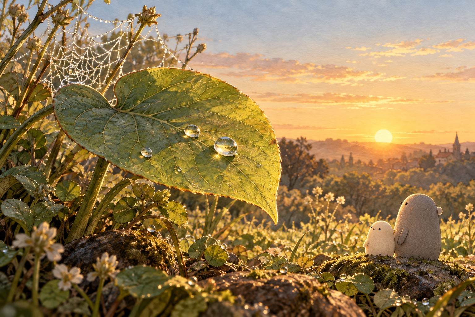 Warm sunrise reaches the same leaf; only a few dew beads remain as Big and Little Wonderer look on.