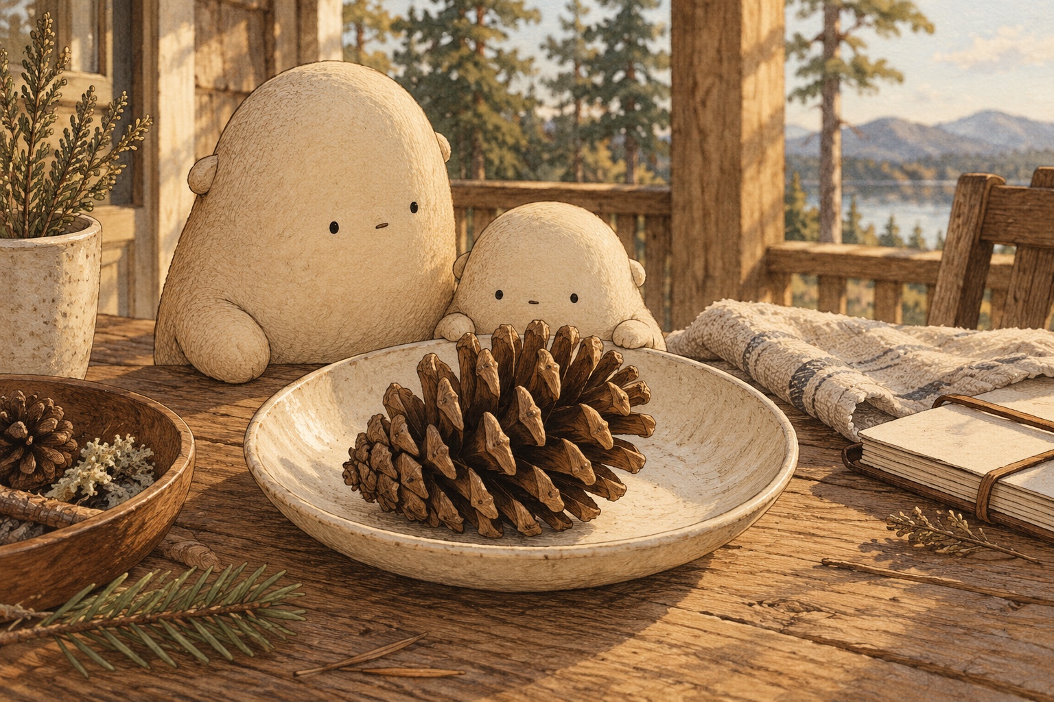 A dry pinecone spreads its scales apart on a cream dish while Big and Little look closely.