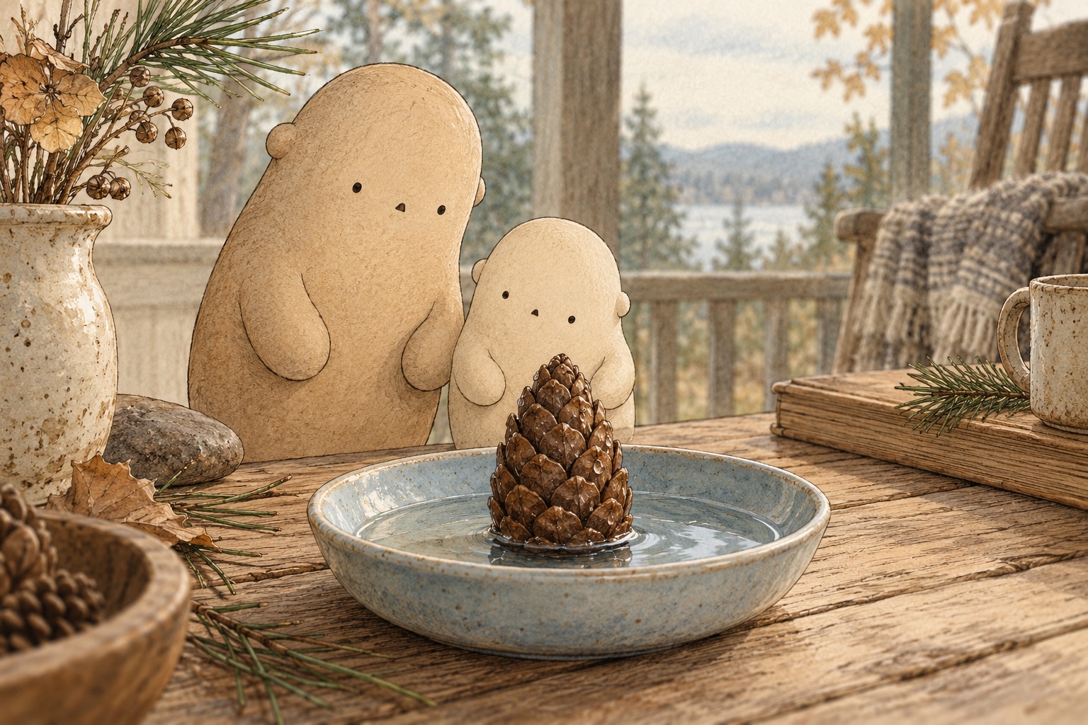 Big and Little watch a narrow closed pinecone in a shallow dish of water.