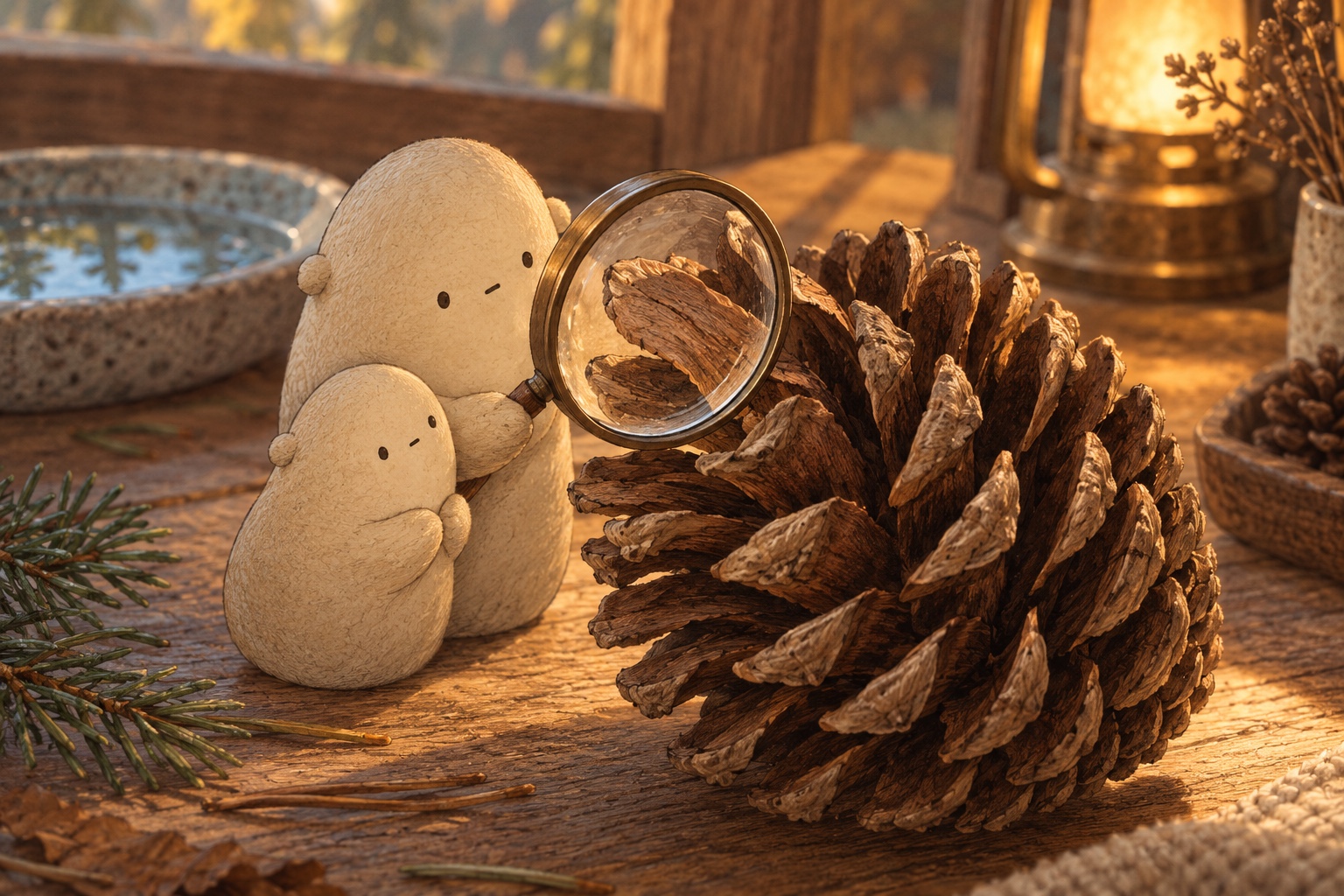 Big holds a magnifier over an attached curved pinecone scale while Little watches.