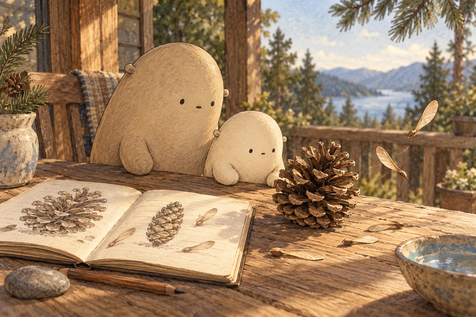 Big and Little watch winged seeds beside an open pinecone and a notebook of cone drawings.