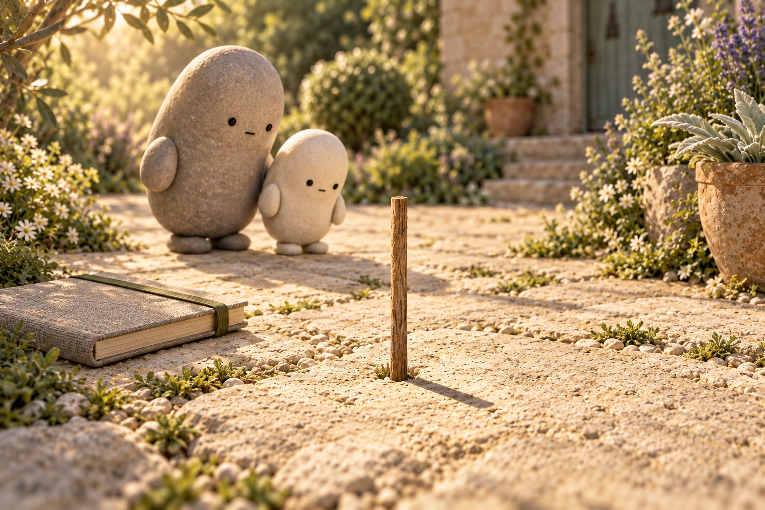 A close view shows sunlight reaching one side of the stick and the short shadow stretching away on the other side.
