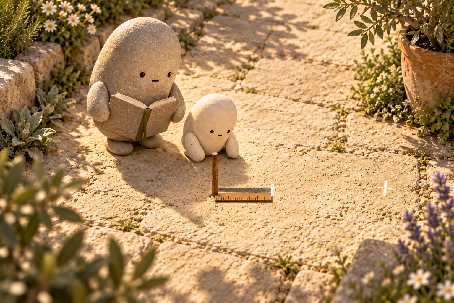 Little uses a wooden measuring stick beside the noon shadow while Big holds the linen notebook; the earlier chalk mark remains farther away.
