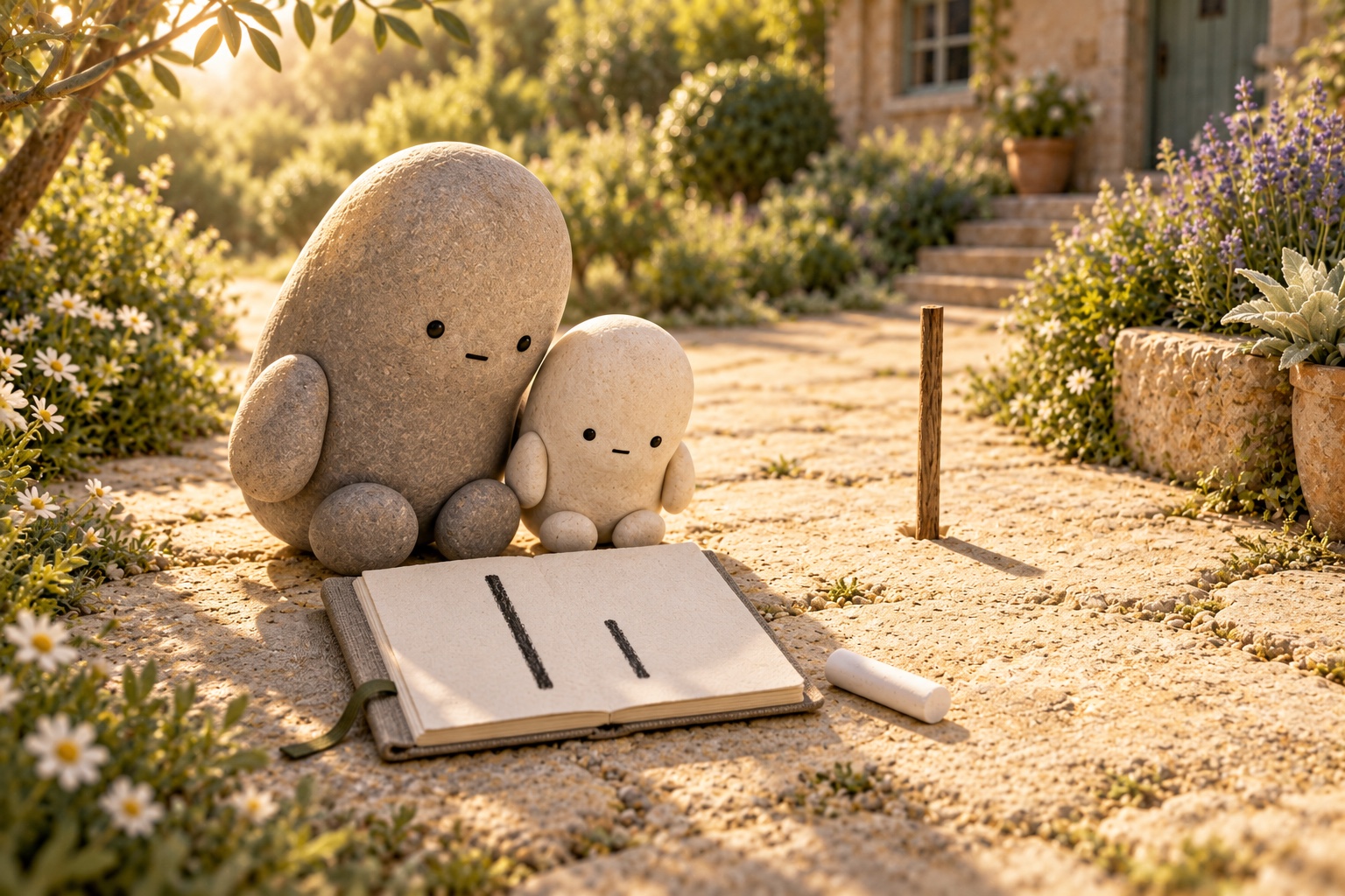 Big and Little sit beside the garden path with a notebook showing long and short lines; the standing stick casts a short noon shadow nearby.