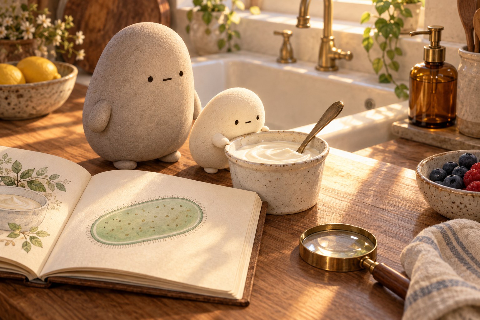 Little studies a soft oval bacterium on a book page beside a yogurt cup, with Big nearby.