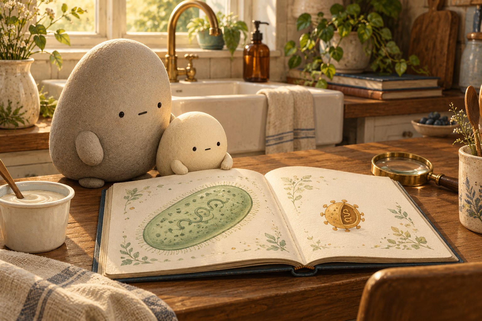 Big and Little compare a large oval bacterium with a smaller round virus and its curled thread of instructions in their open book.