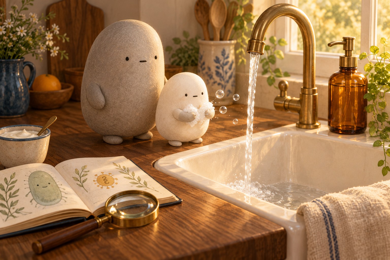 Little rubs soapy mitten hands over the ivory sink while Big waits beside a folded linen towel.
