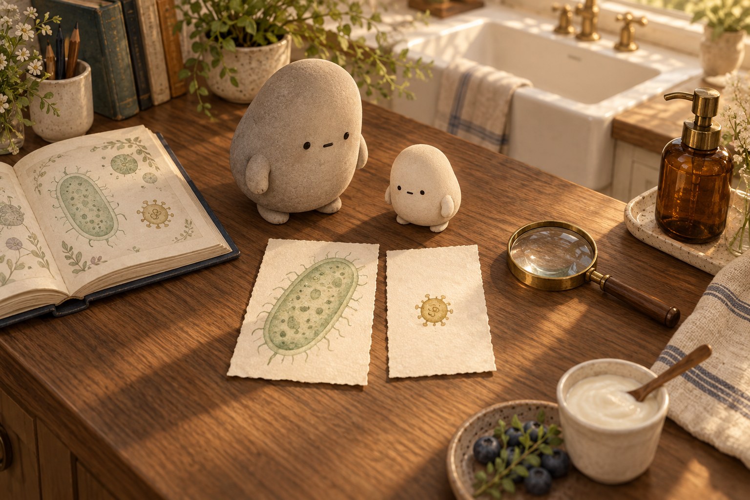 Big and Little compare two guest sketches at a warm wooden desk beside the closed soap bottle and a magnifier.