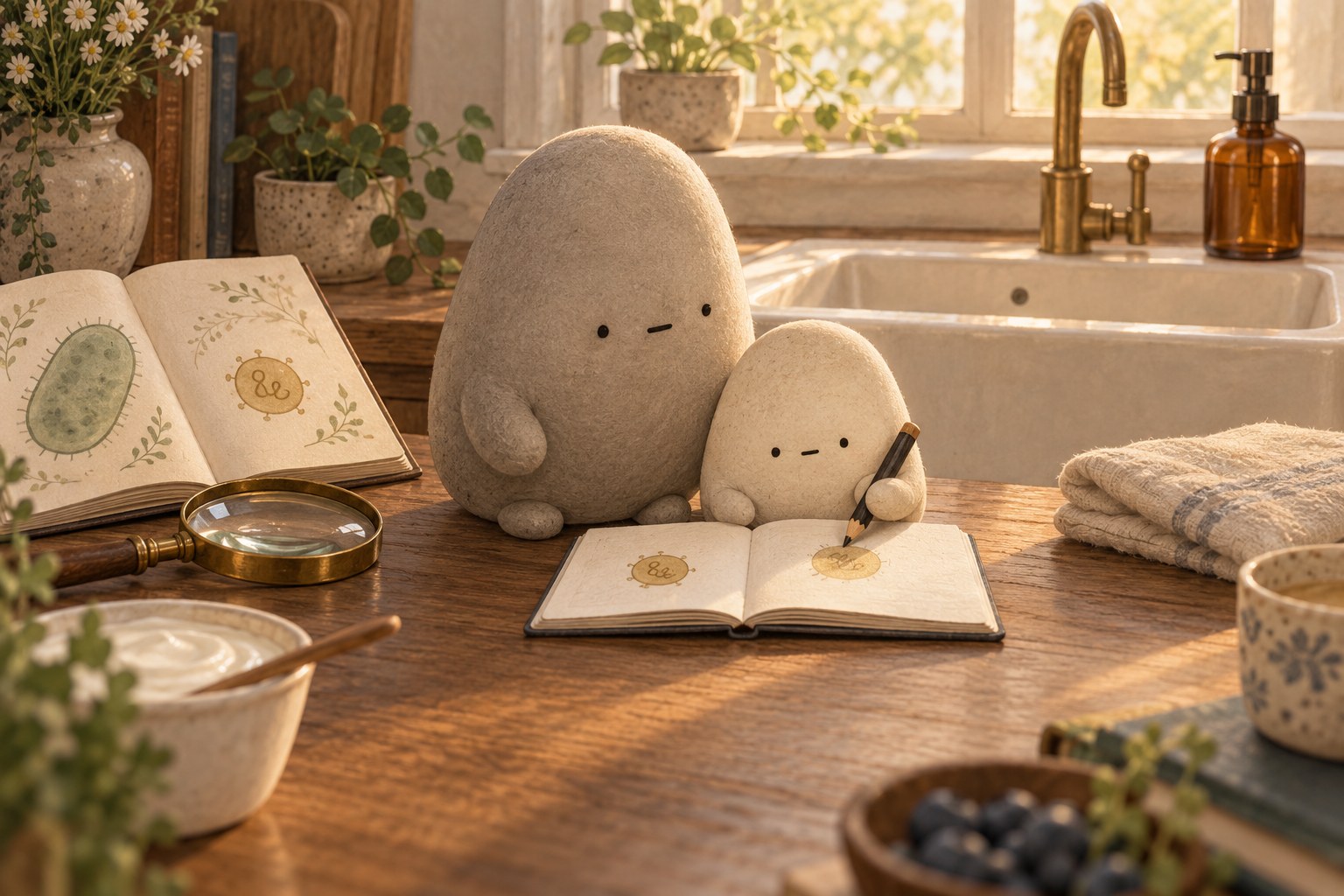 Little draws a round guest shape in a small notebook beside Big, with the tidy sink and linen towel behind them.