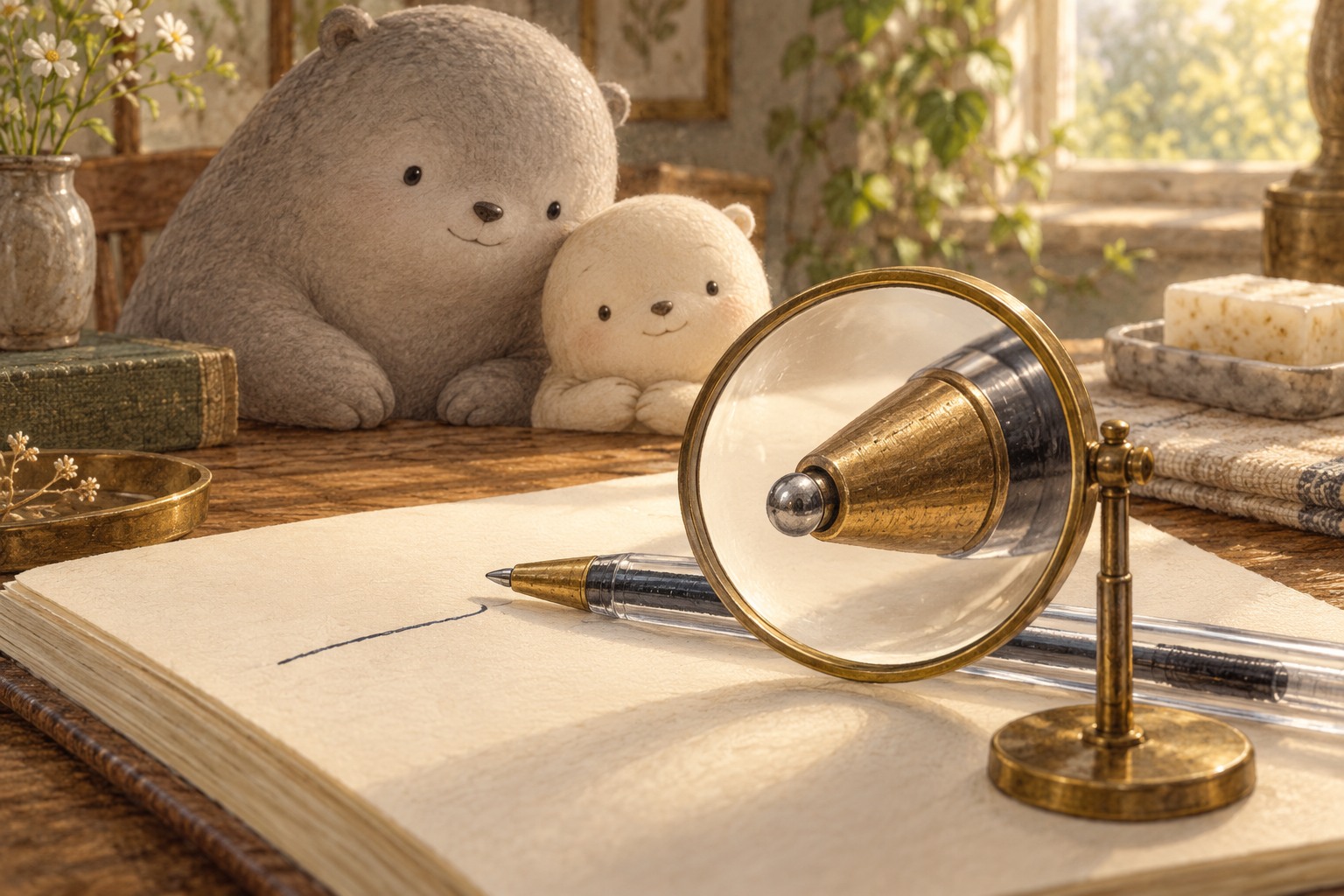 A magnifier rests over the round ball at a pen tip as Big and Little lean toward the notebook.