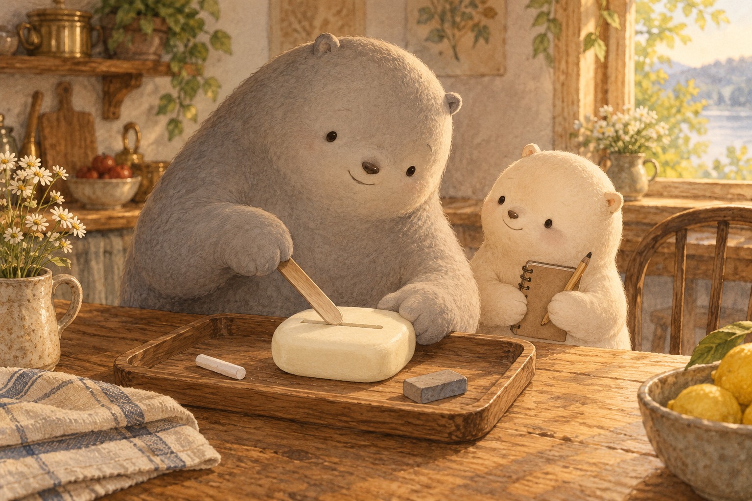 Big holds soap on a tray and draws a wooden craft stick across it while Little records the mark.