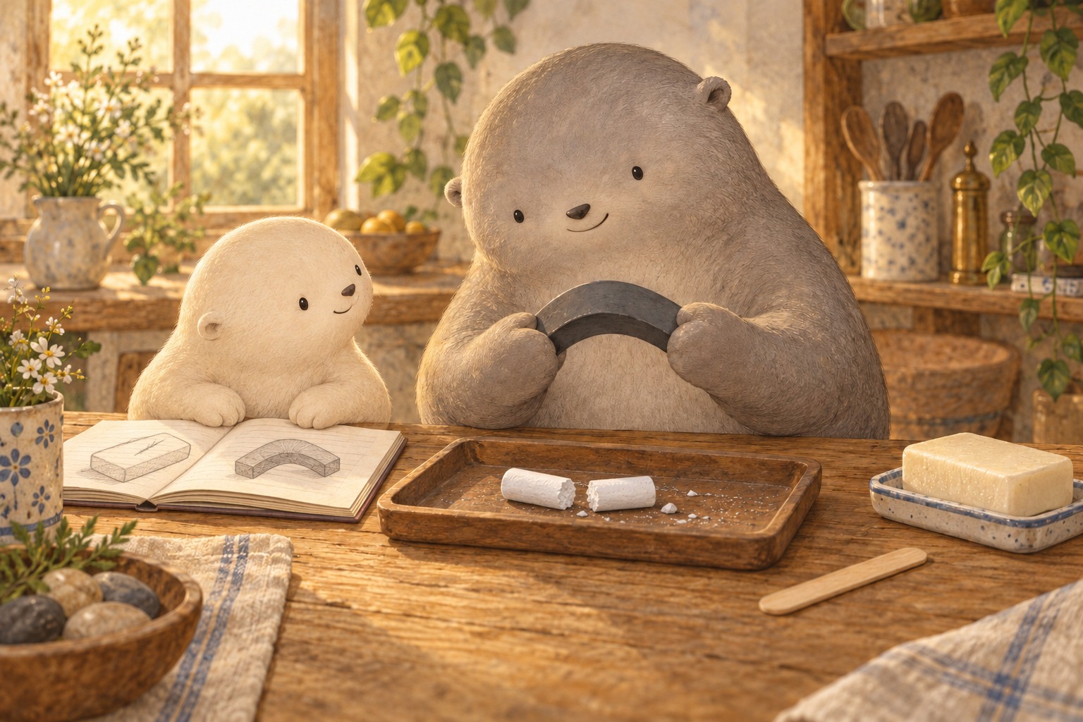 Two chalk pieces rest on a tray while Big gently bends a rubber eraser and Little watches from beside a notebook.