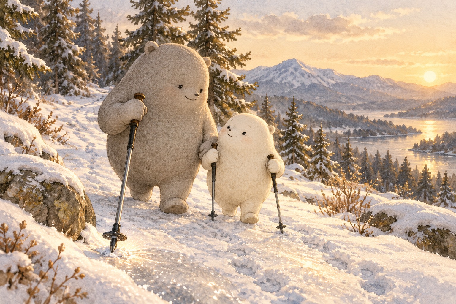 Big and Little pause on a snowy path with hiking poles planted beside them.