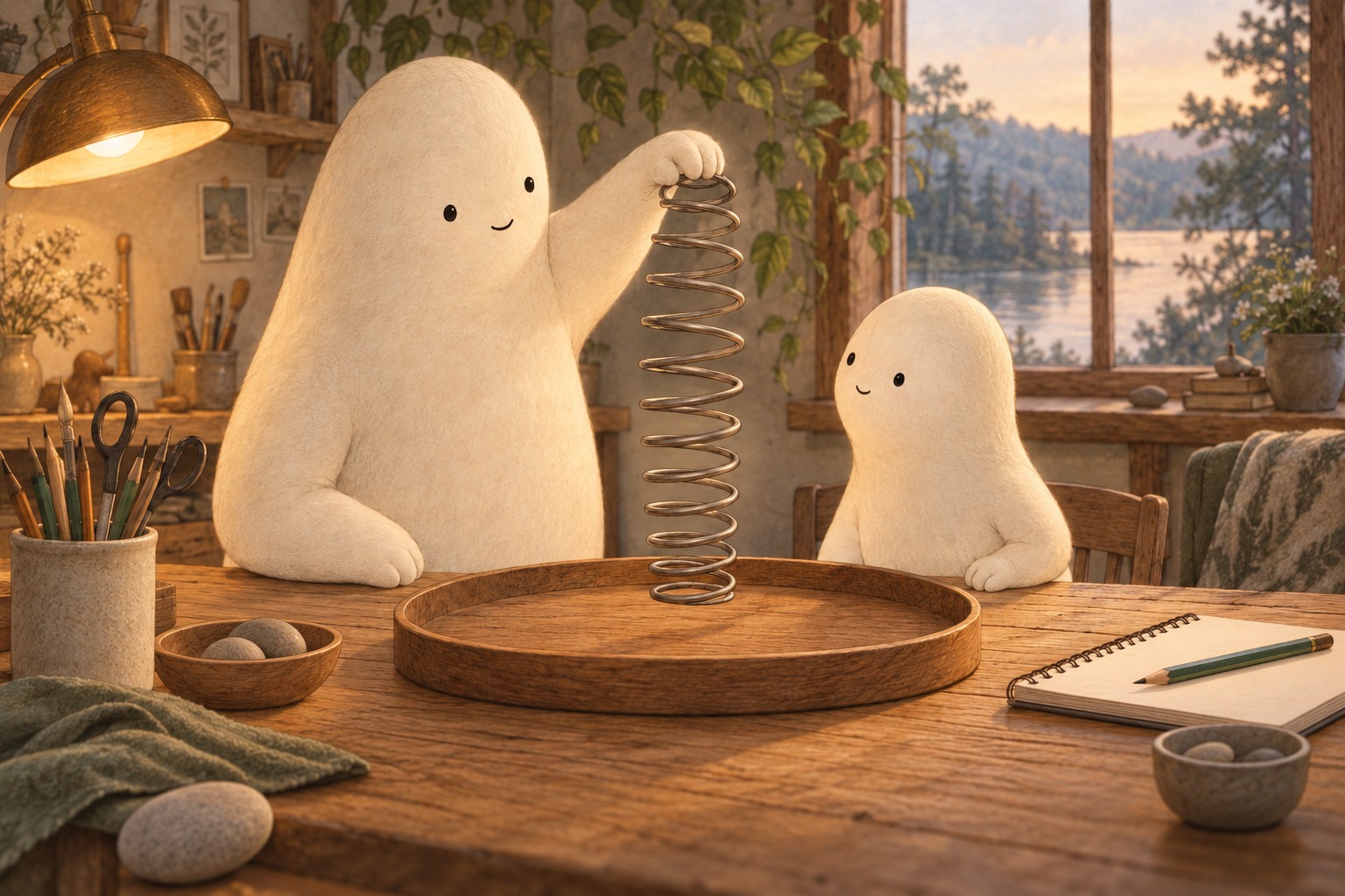 Big holds a hanging spring above a tray while Little watches.
