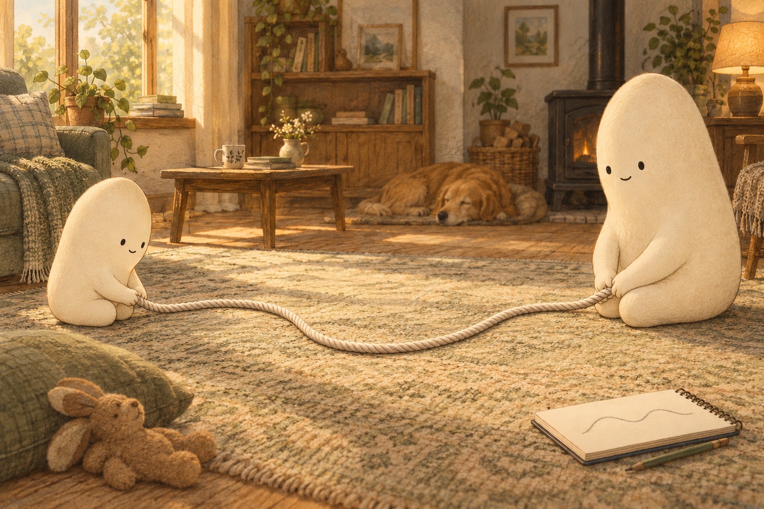 Big and Little hold a soft rope that curves across the living-room floor.