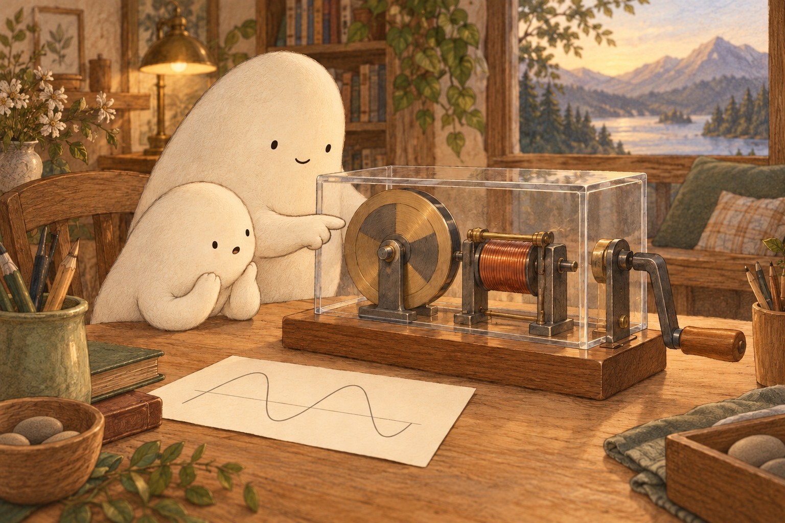 Big and Little examine a hand-cranked teaching model with a disk and wire coil inside a clear case.