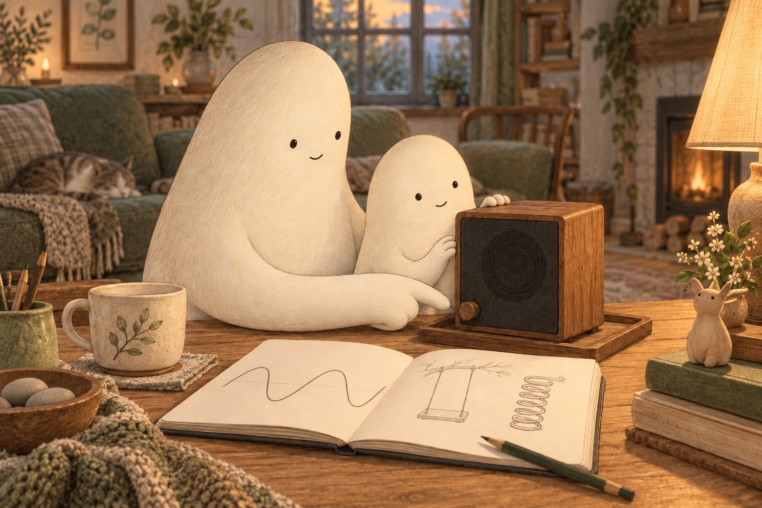 Little touches the outer wooden speaker cabinet beside Big and a notebook with a smooth wave drawing.