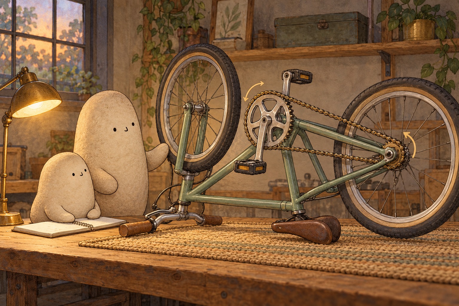 Big steadies a still upside-down bike on a mat while Little studies the chain between its front and back sprockets.