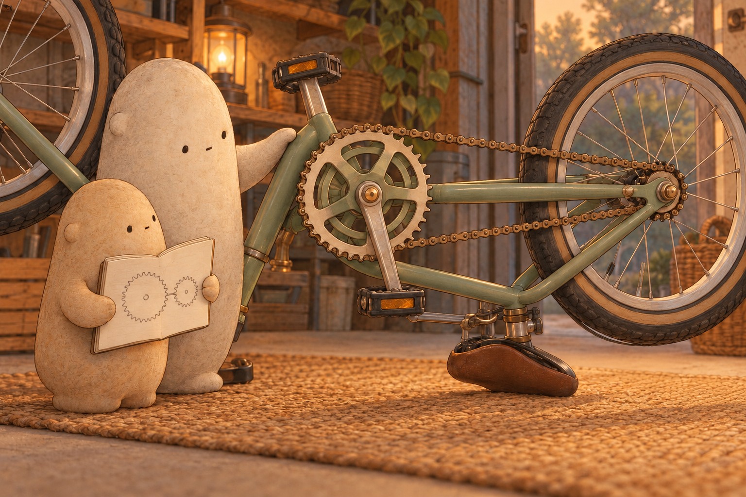 Big holds the frame of a still upside-down bike while Little counts sprocket teeth with a notebook.