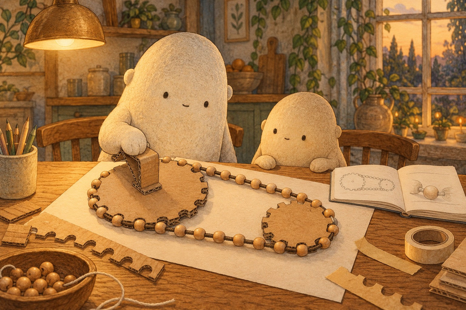 Big and Little follow a wooden bead loop joining a big notched cardboard wheel and a small one.