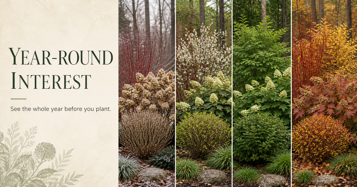 One living bed across the year: winter structure, spring bloom, summer mass, and fall color.
