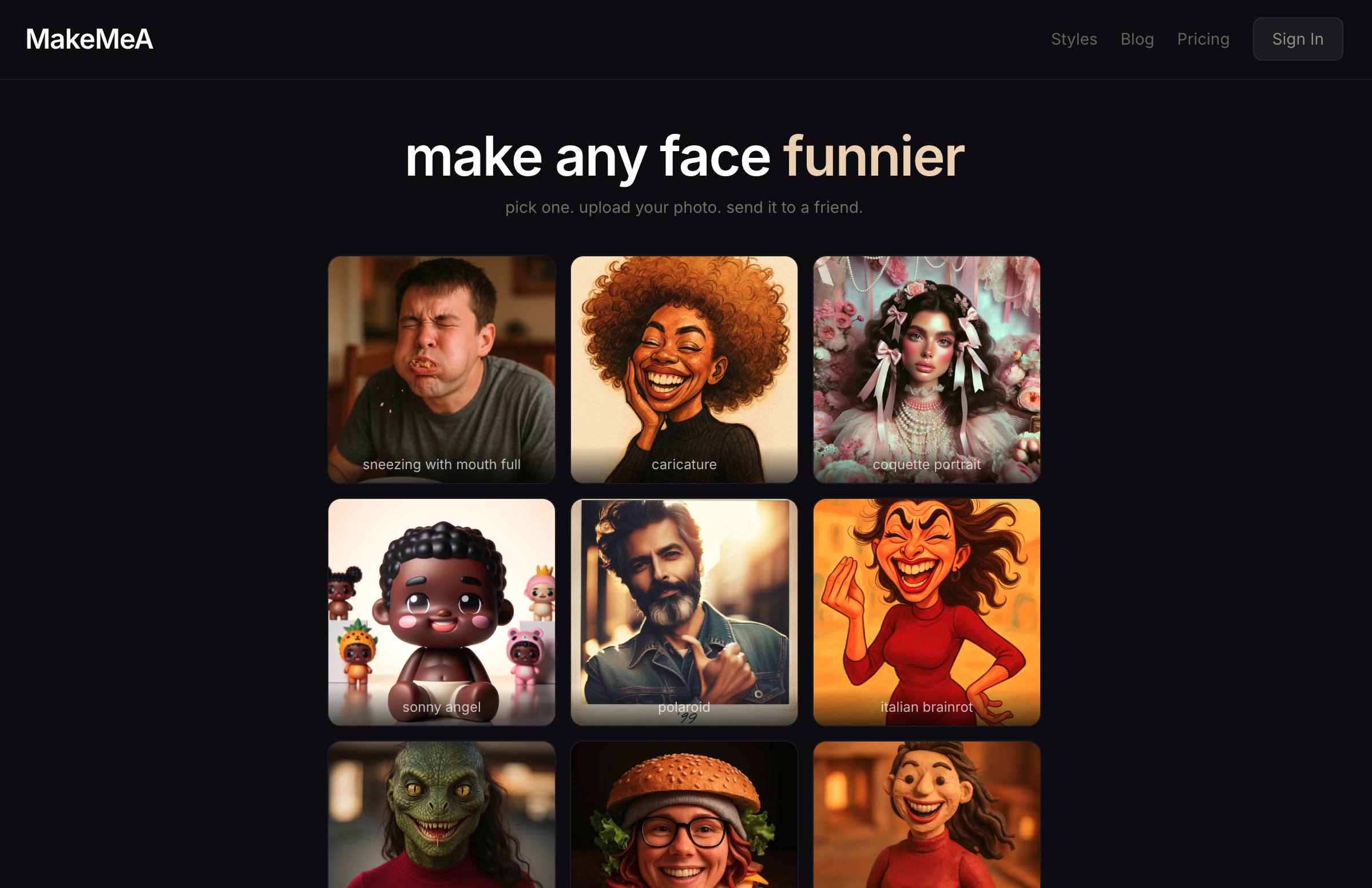MakeMeA home page showing a grid of AI photo style examples.