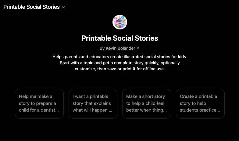 Screenshot of the Printable Social Stories custom GPT interface