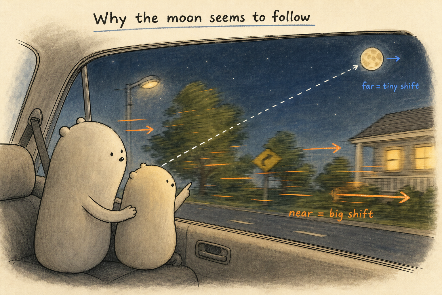Wonder Together sample image showing Big Wonderer and Little Wonderer in a car, nearby things shifting quickly, and the far moon barely shifting.