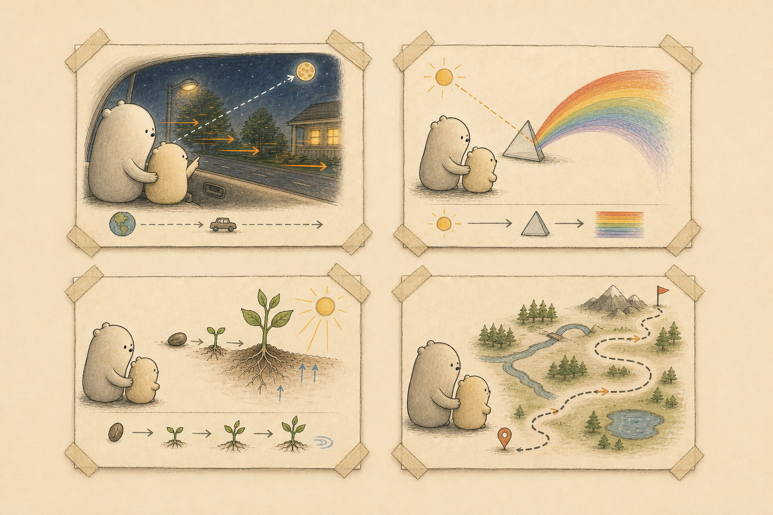 Four Wonder Together sample explainer images taped to a plain wall, showing moon, rainbow, plant growth, and map path scenes with Big Wonderer and Little Wonderer recurring inside each sample.