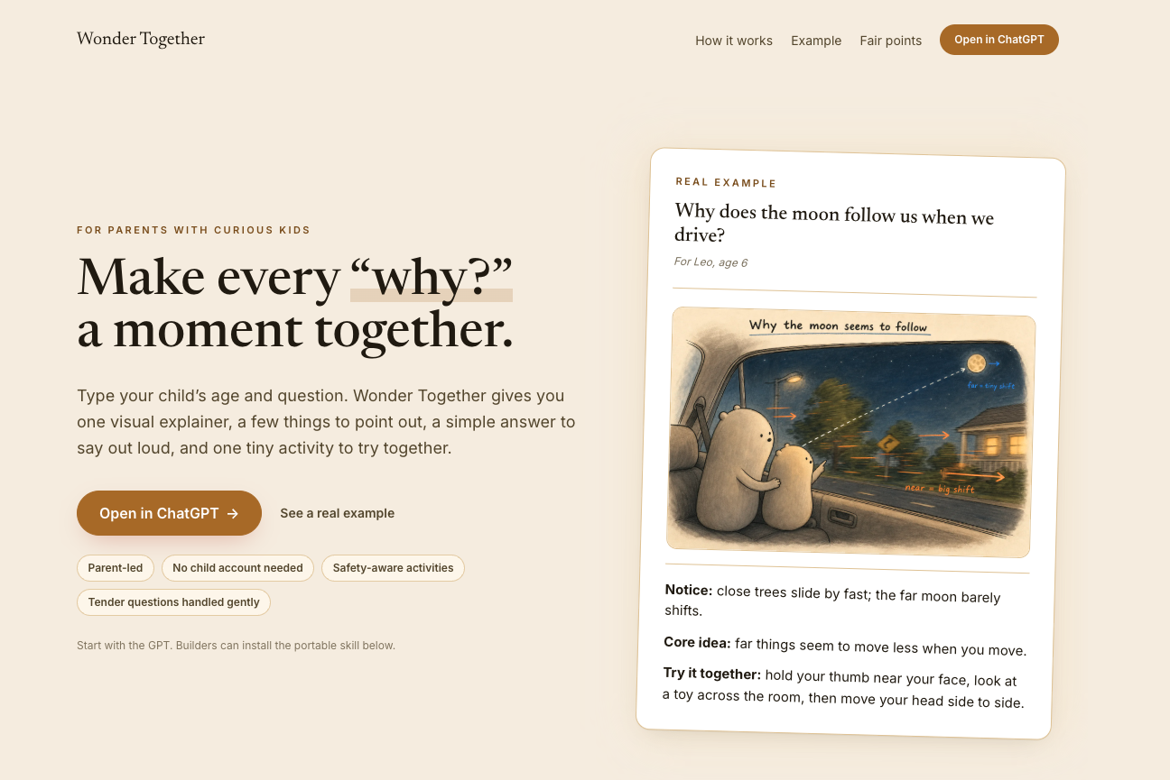 Wonder Together landing page showing the moon-following visual explainer example.
